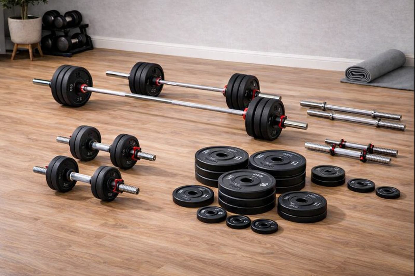 IronCore Halterset 120 kg met halterstang, dumbbell-stangen en gewichtsschijven
