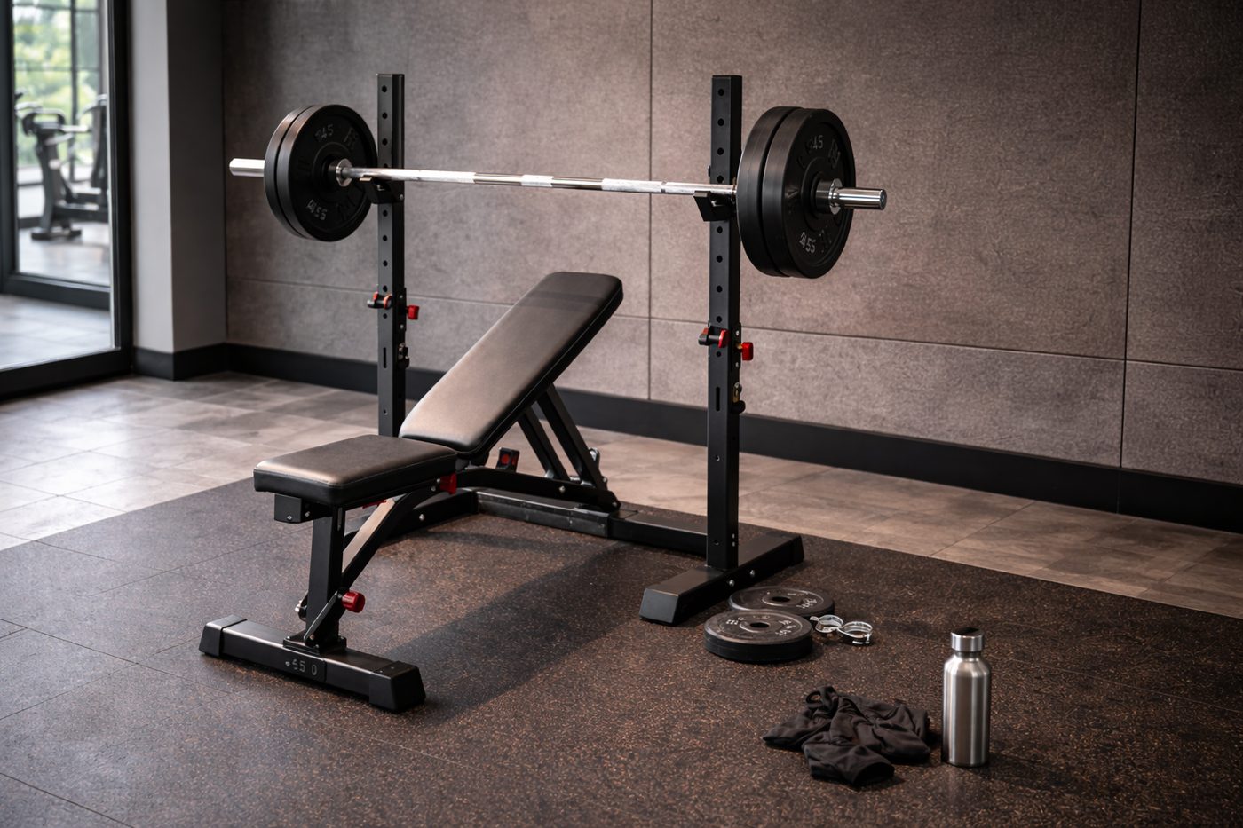 Squat rack met halterstang en gewichtsschijven in een donkere sportschool