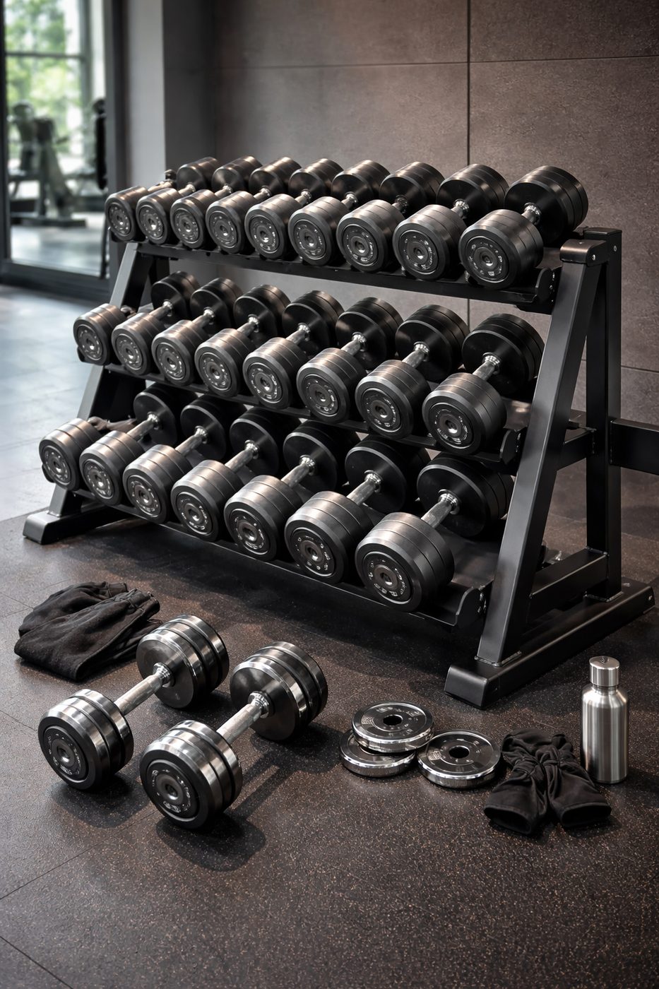 Dumbbell-rek vol professionele halters in een sfeervolle sportschool